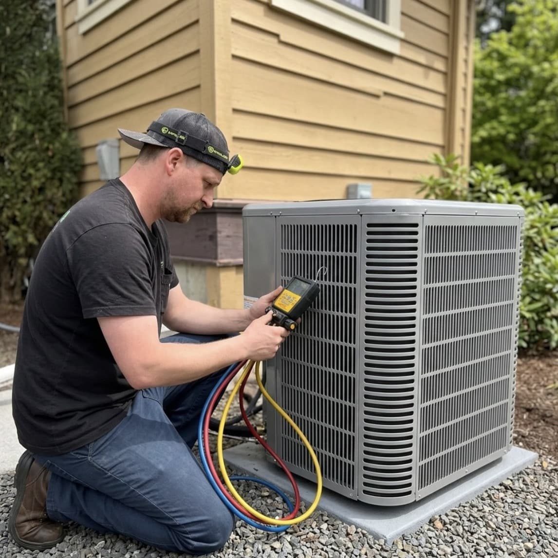 Oregon Climate Tech technician installing an AC condenser at a Portland home.