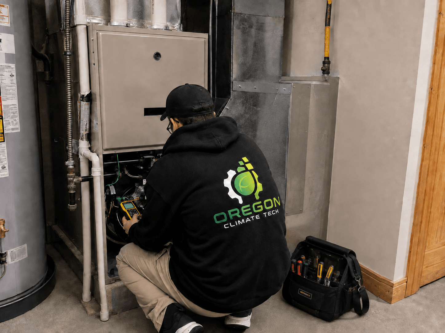 Technician in an Oregon Climate Tech hoodie and black cap inspecting a furnace.